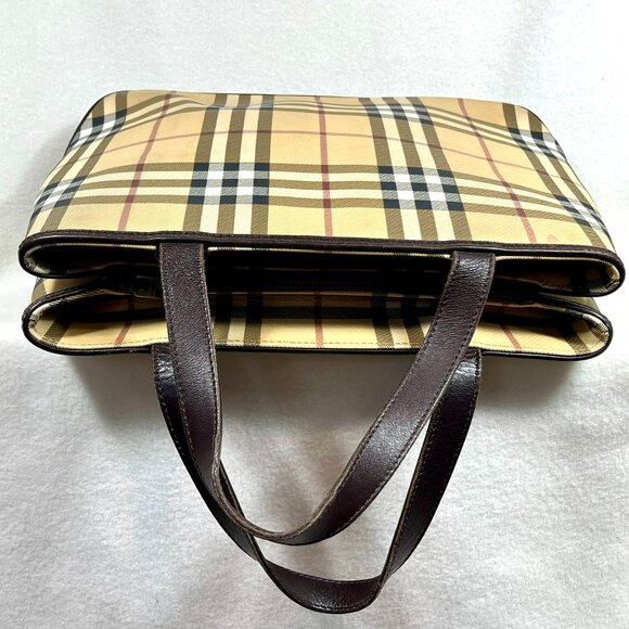 BURBERRY Checker Medium Tote Bag Beige/Brown Inside zipper pocket Purse PVC - Picture 8 of 16